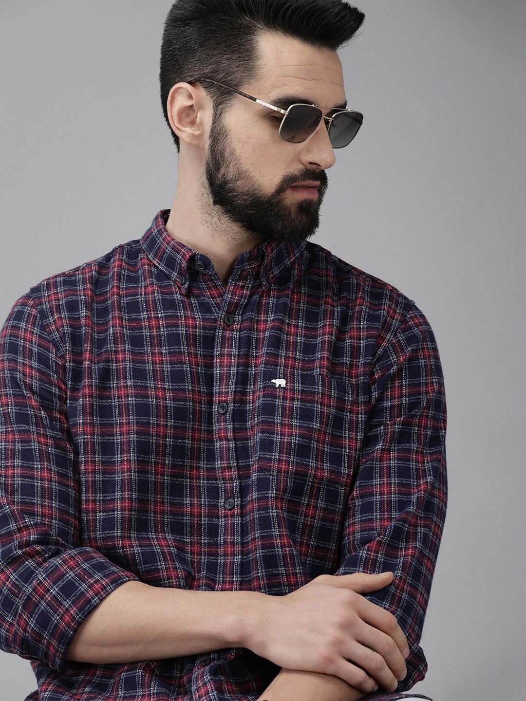 THE BEAR HOUSE Men Navy Blue & Maroon Slim Fit Checked Flannel Cotton Casual Shirt