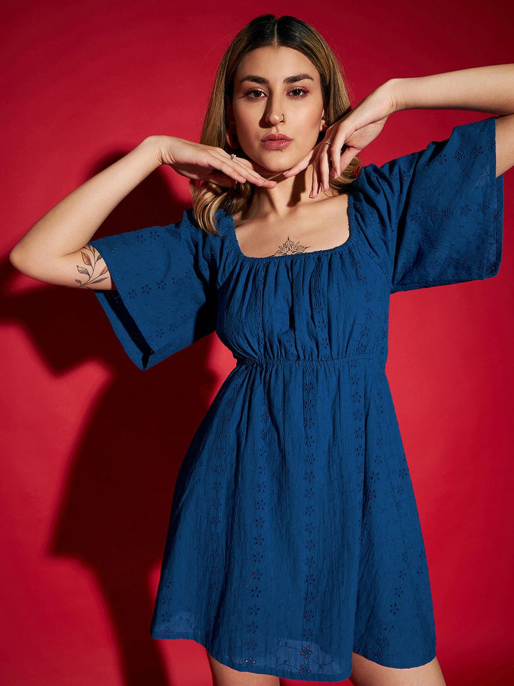 SASSAFRAS Blue Square Neck Fit and Flare Dress