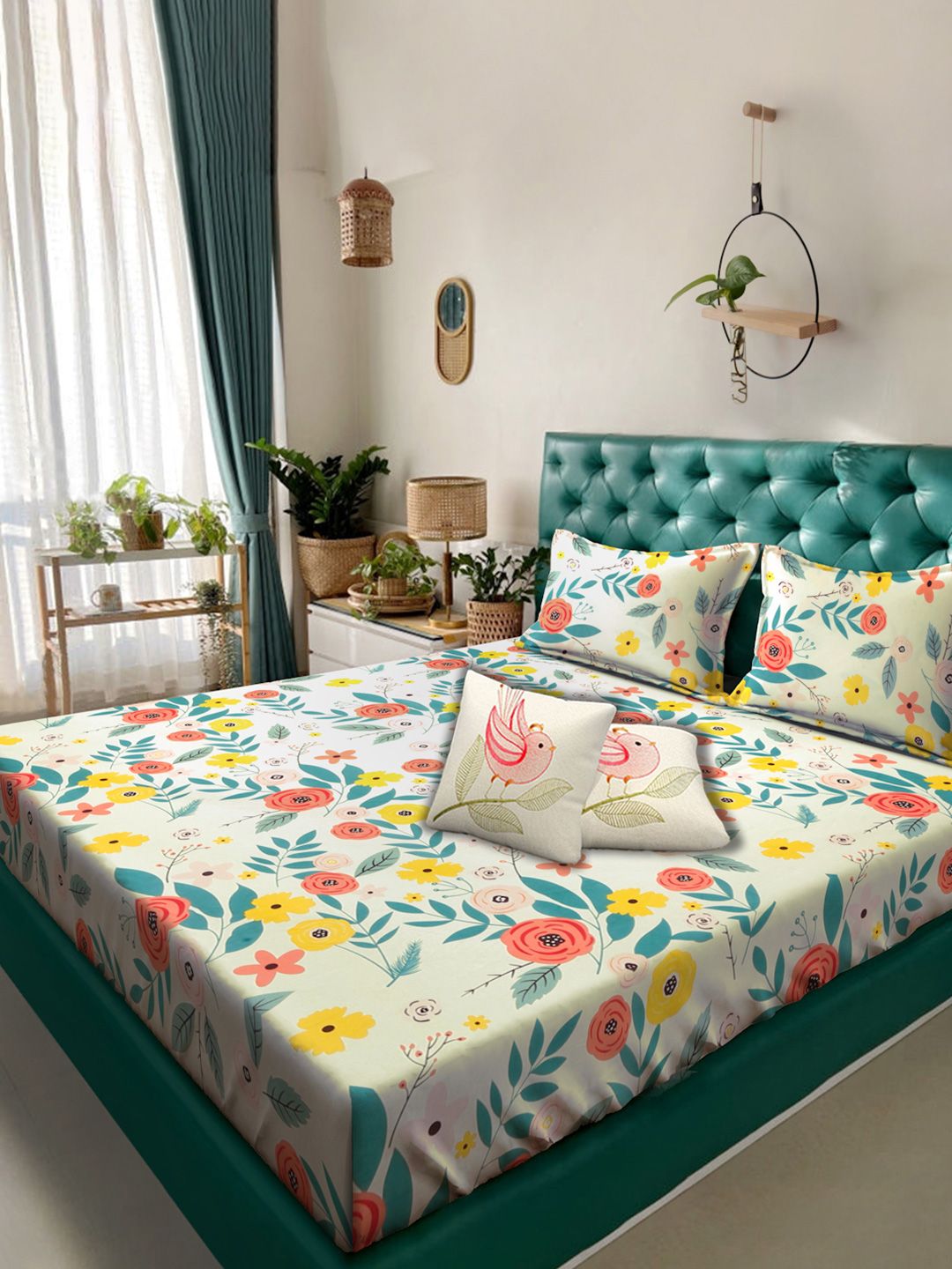 KLOTTHE White Floral Cotton 300 TC Cadar Katil King dengan 2 Sarung Bantal-98 x 87 inci