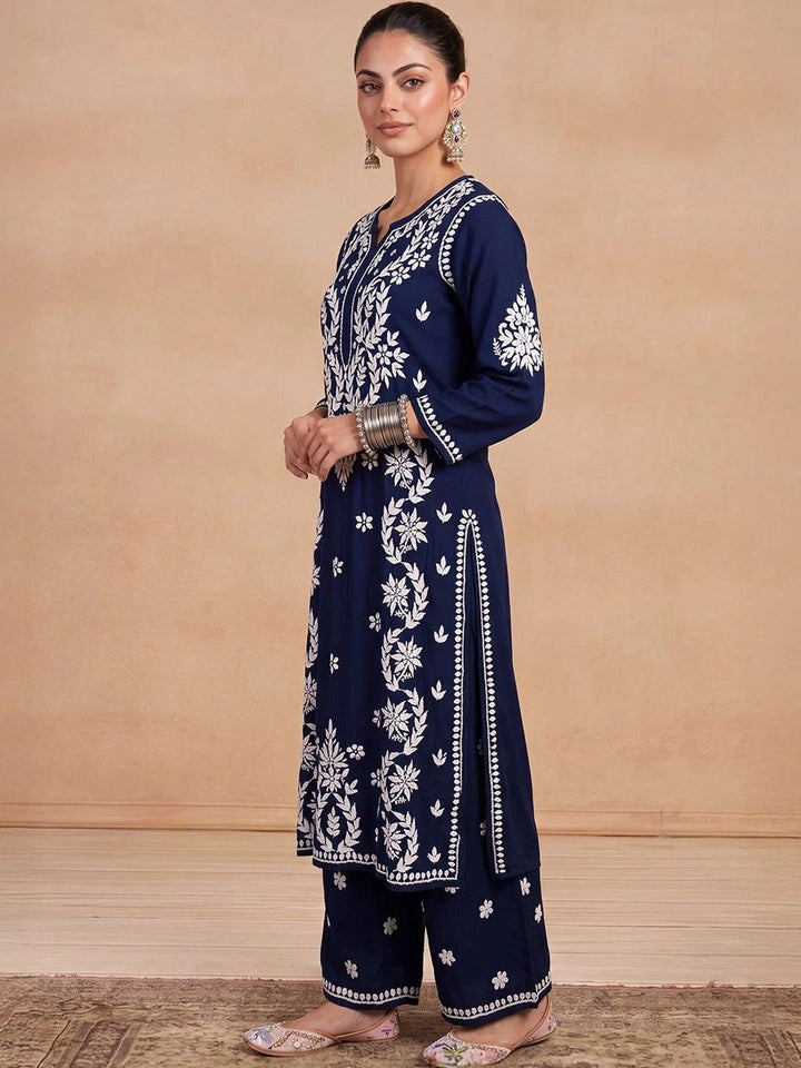 House of Chikankari Women Floral Embroidered Regular Chikankari Kurta with Palazzos