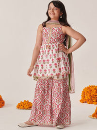 pspeaches Girls Floral Printed Regular Mirror Work Kurta with Sharara & With Dupatta