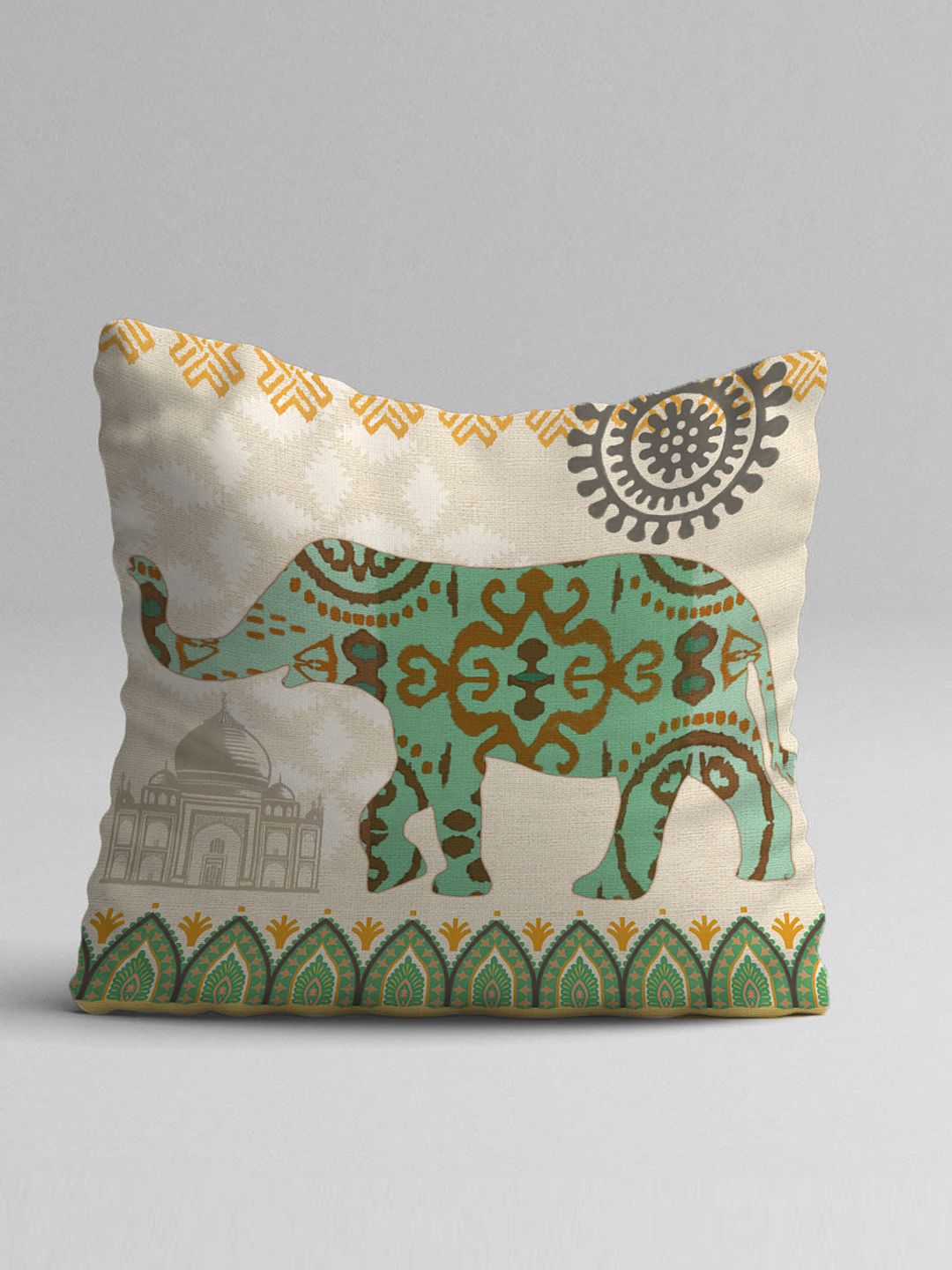 STITCHNEST Set Of 5 Green & White Ethnic Motifs Jute Cotton Square Cushion Covers