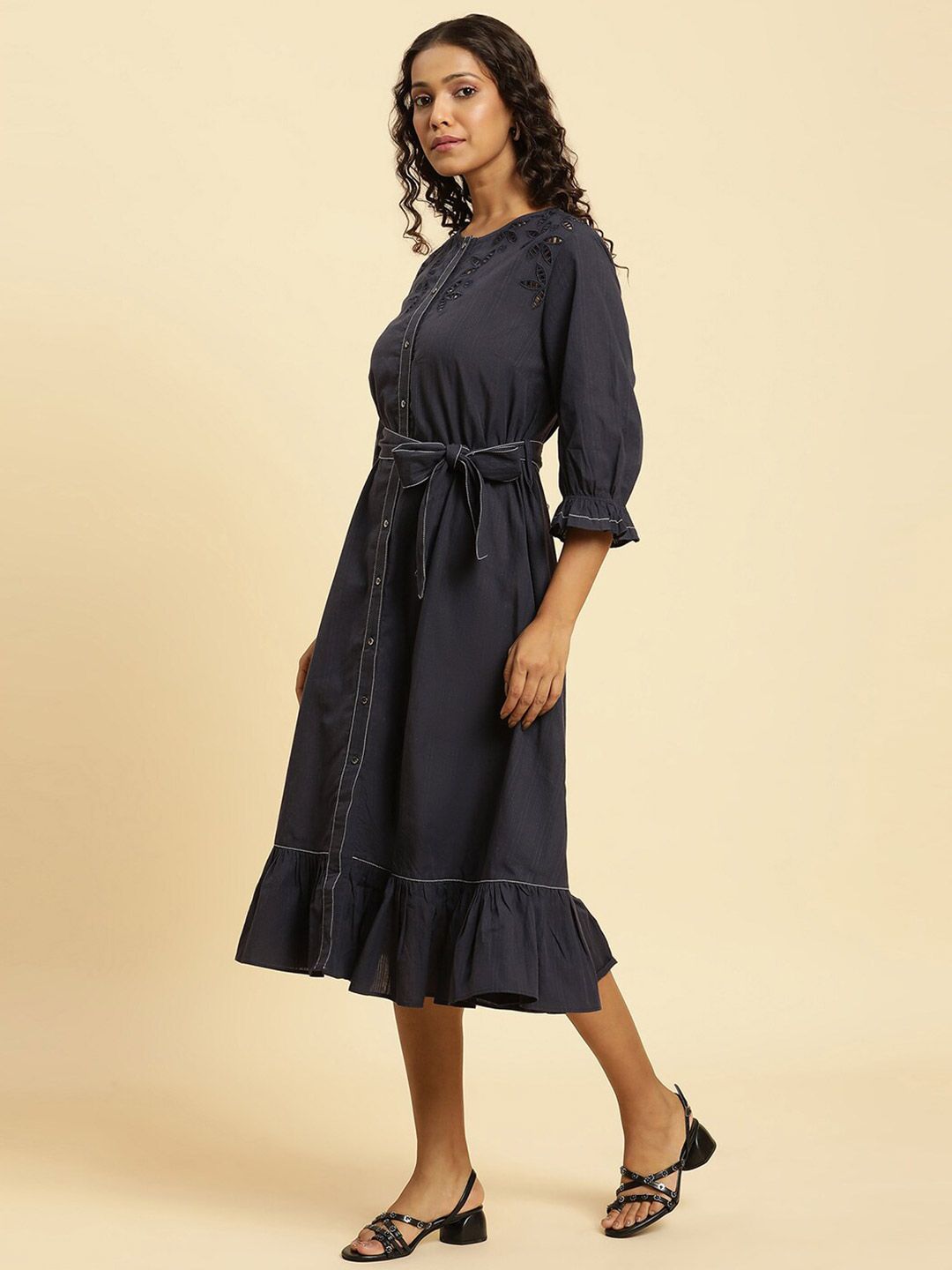 W Puff Sleeve Cotton A-Line Midi Dress