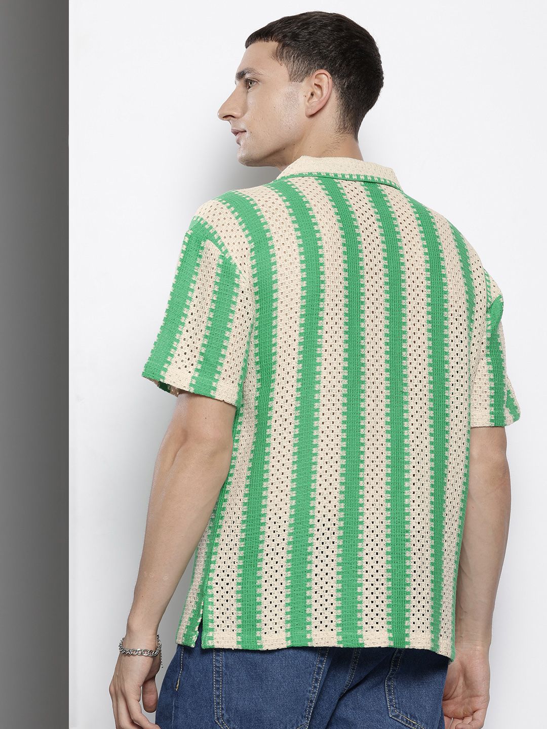 The Indian Garage Co Men Textured Open Weave Knitted Relaxed Fit Shirt