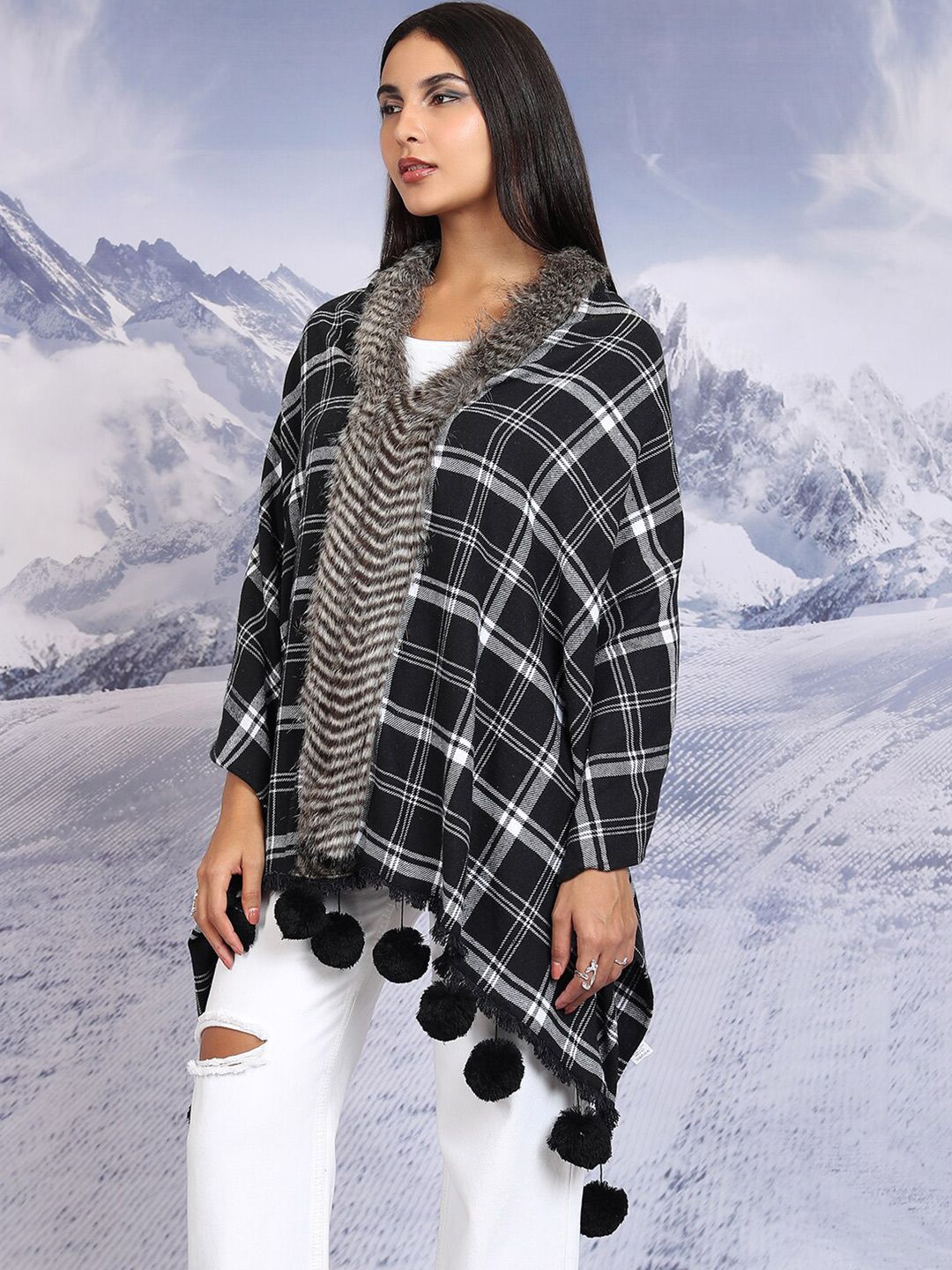 Tokyo Talkies Checked Tasselled Open Front Flannel Checked Shrug