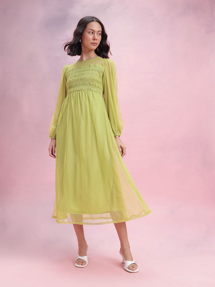 DressBerry Puff Sleeve Net Smocked A-Line Midi Dress