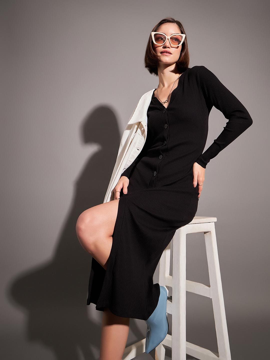 SASSAFRAS Black Ribbed Sheath Midi Dress