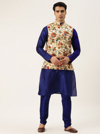 SOJANYA Men Navy Blue Kurta with Churidar And Nehru Jacket