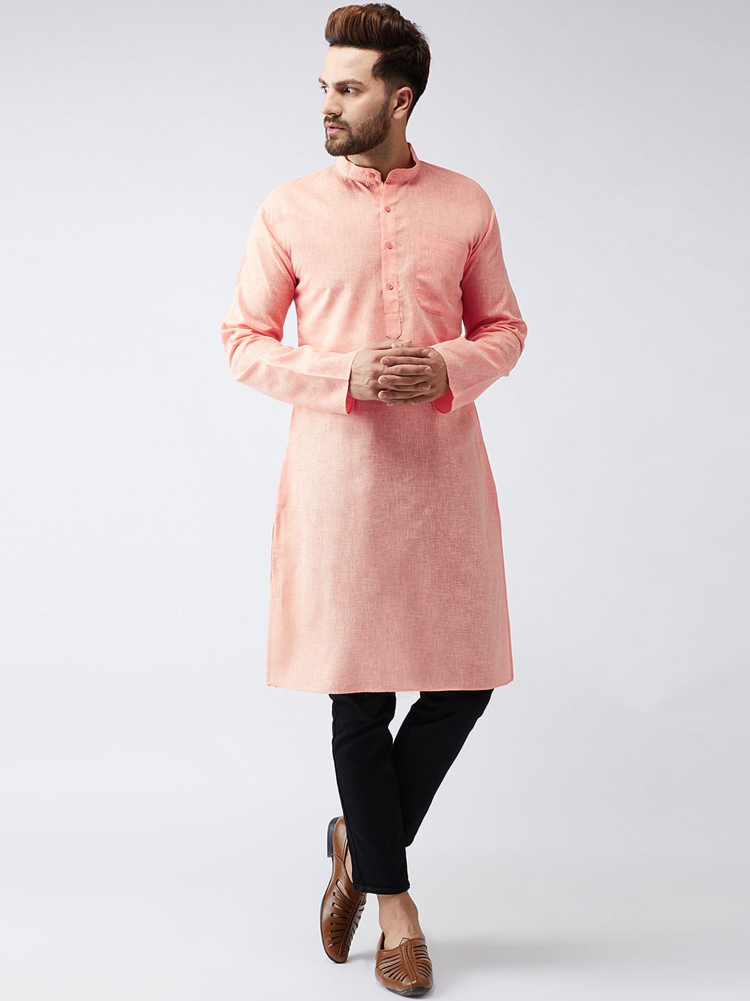 SOJANYA Men Peach-Coloured Woven Design Straight Kurta