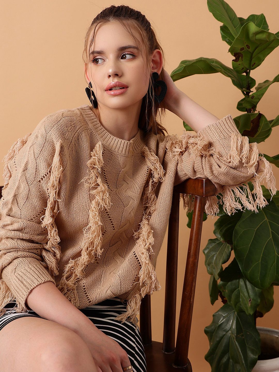 STREET 9 Cable Knit Self Design Fringed Detail Acrylic Pullover Sweater