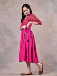 Rustorange Women Pink Floral Rayon A-Line Midi Dress