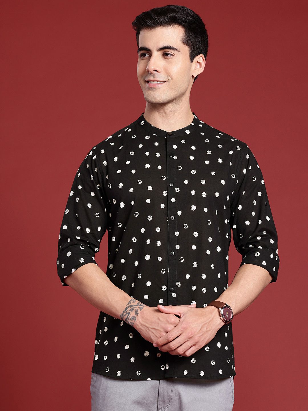 Anouk Geometric Printed Band-Collar Pure Cotton Casual Shirt