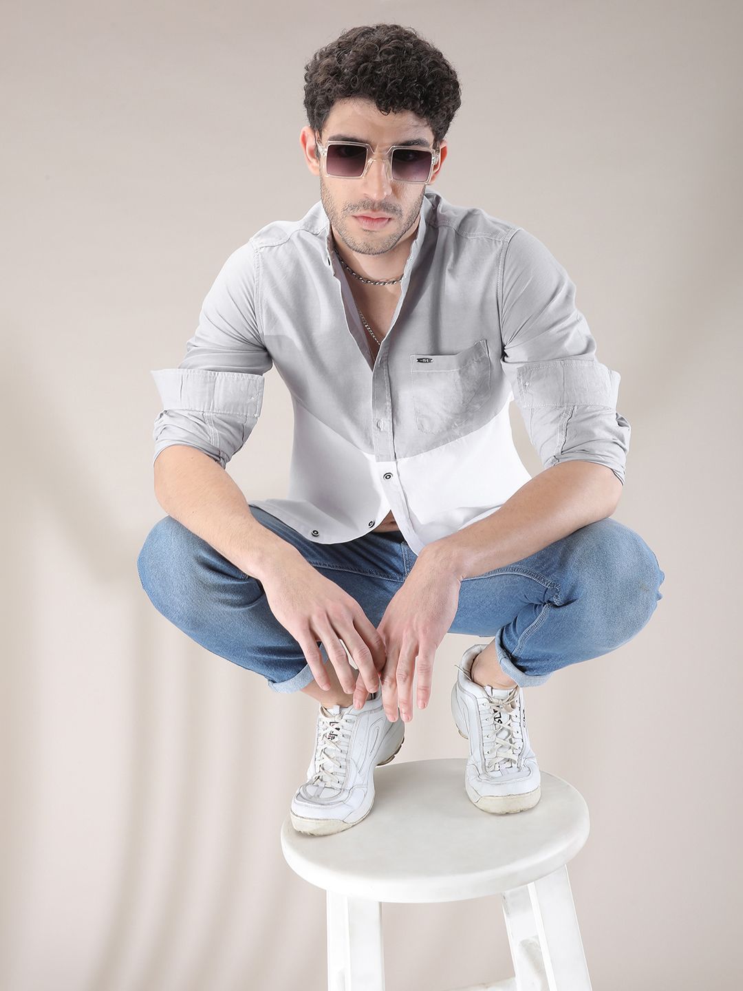 The Indian Garage Co Men Grey & White Slim Fit Colourblocked Casual Shirt