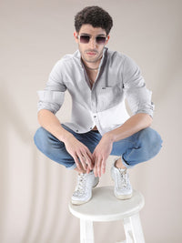 The Indian Garage Co Men Grey & White Slim Fit Colourblocked Casual Shirt