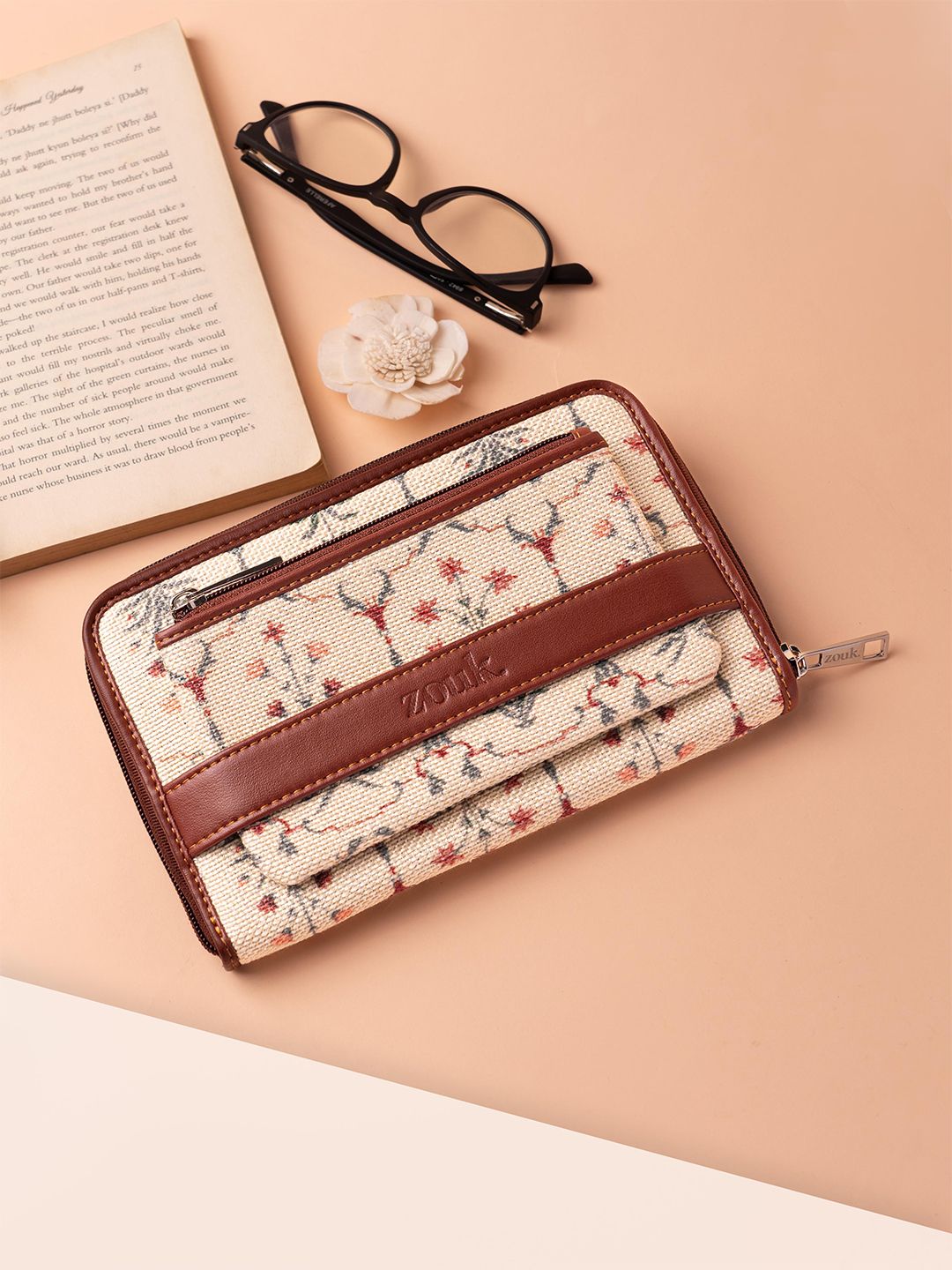 ZOUK Women Cream & Maroon Floral Printed Zip Around Wallet