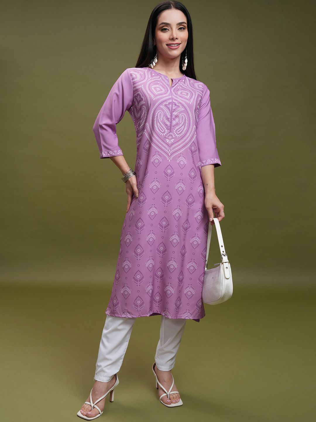 Vishudh Purple Ethnic Motifs Printed Notch Neck Straight Kurta