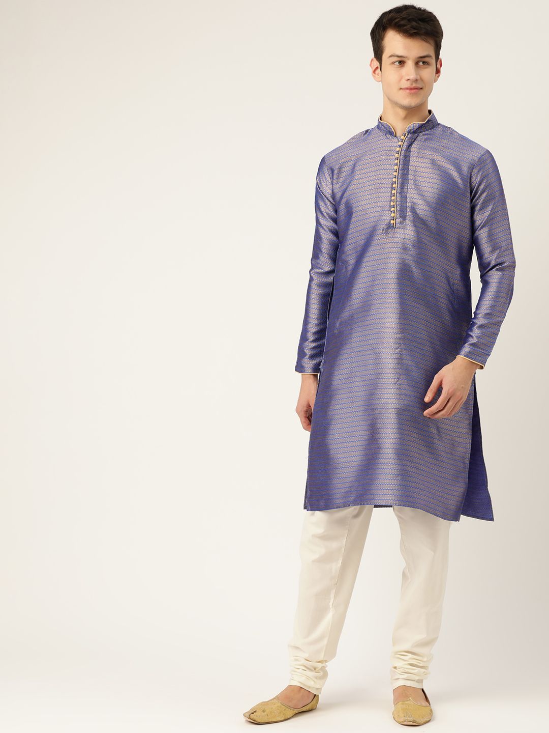 SOJANYA Men Blue & Golden Woven Design Straight Kurta