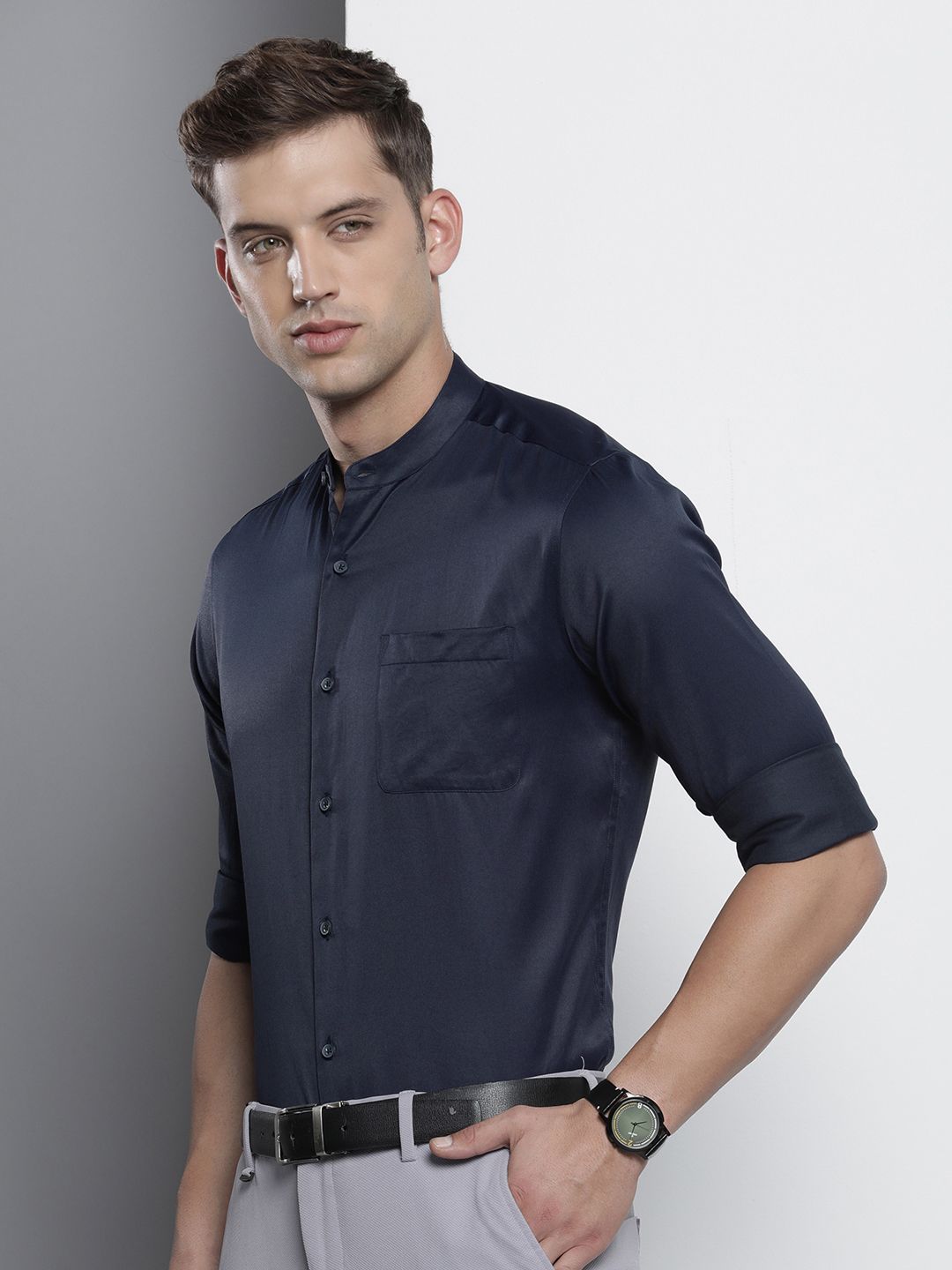 The Indian Garage Co. X Luxe Men Slim Fit Mandarin Collar Formal Shirt