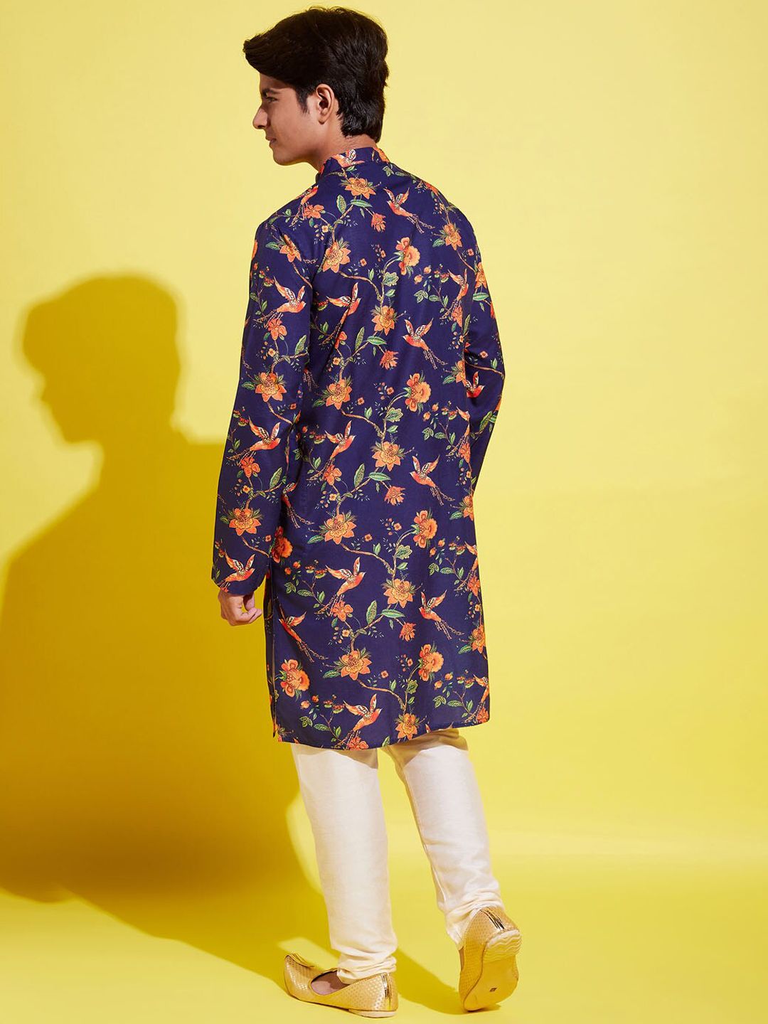 VASTRAMAY Boys Navy Blue Floral Printed Gotta Patti Kurta with Pyjamas