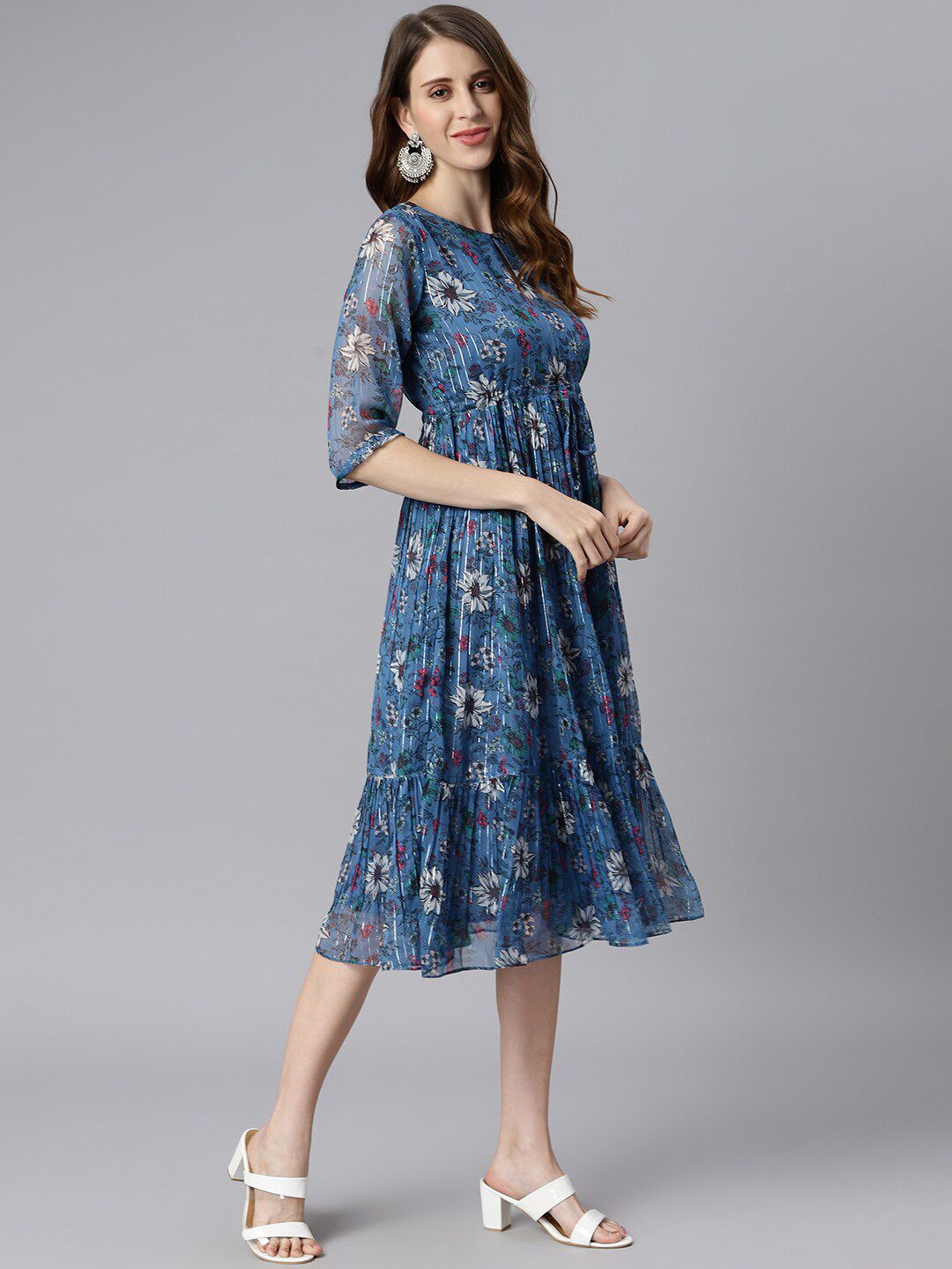 Janasya Floral Printed Flared Dress