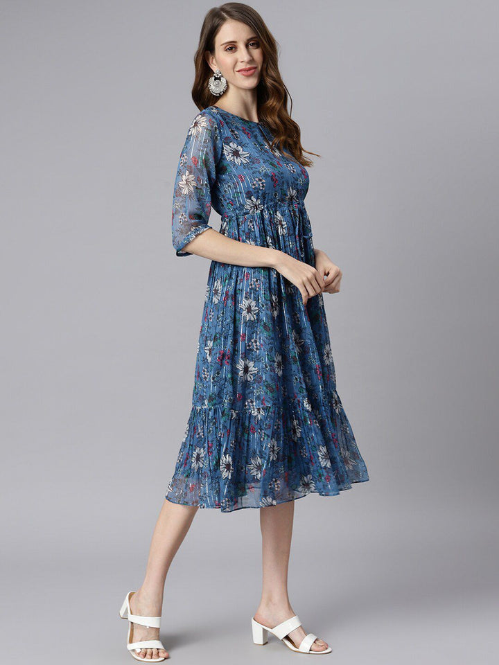 Janasya Floral Printed Flared Dress