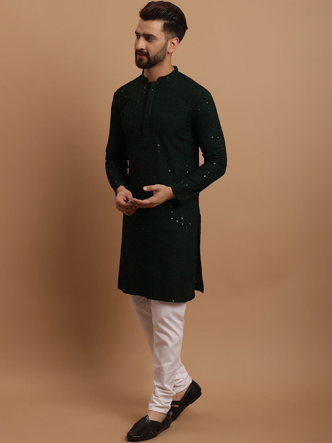 SOJANYA Ethnic Embroidered Sequinned Pure Cotton Kurta & Churidar With Nehru Jacket