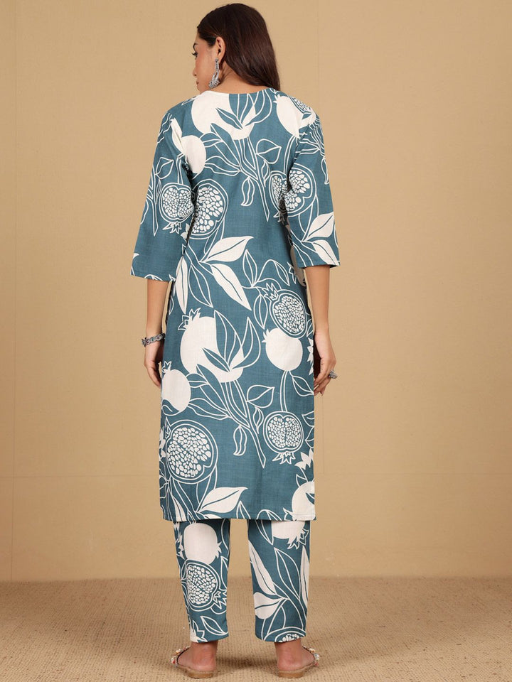 Varanga Floral Printed Round Neck Thread Work Straight Kurta With Trousers