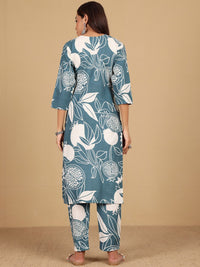 Varanga Floral Printed Round Neck Thread Work Straight Kurta With Trousers