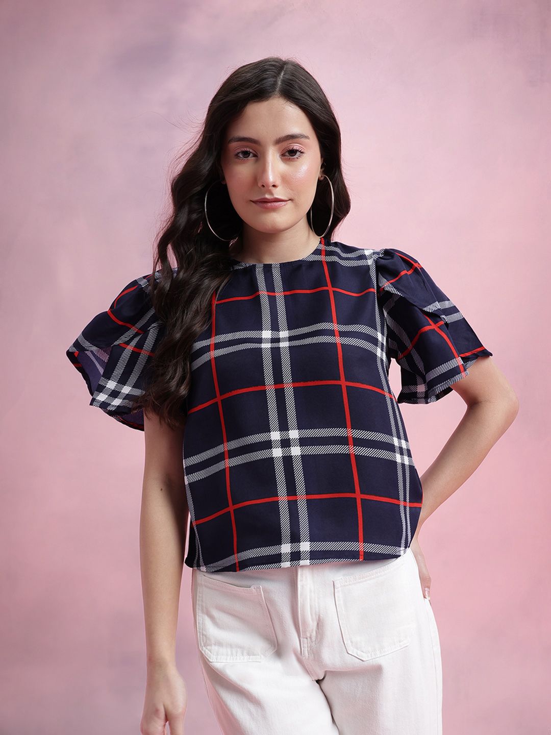 DressBerry Checked Tulip-Style Flared Sleeves Top