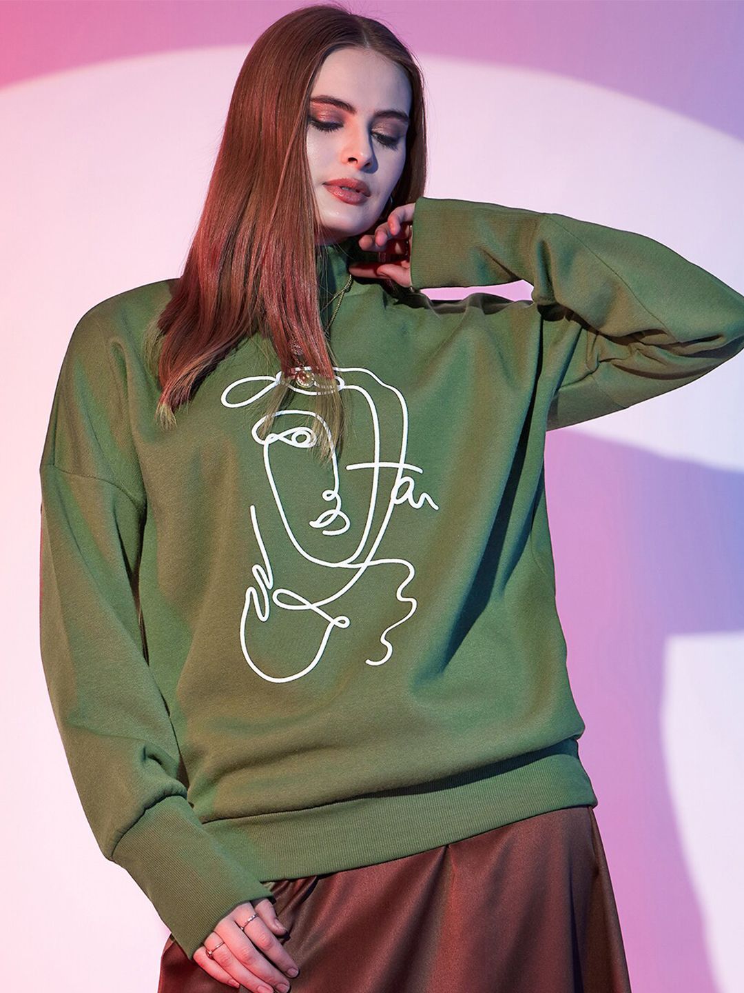 STREET 9 Olive Green Graphic Printed High Neck Cotton Sweatshirt