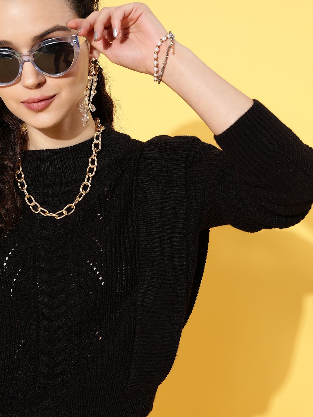 SASSAFRAS Women Black Solid Pullover Knitted Sweater