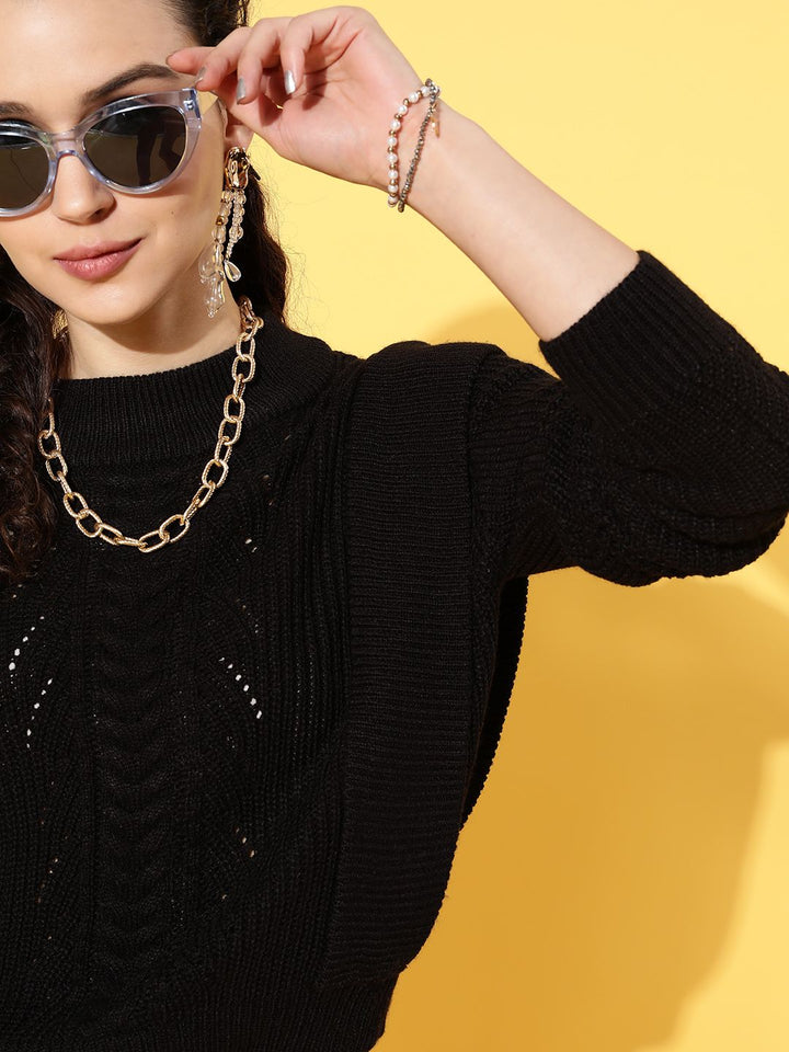 SASSAFRAS Women Black Solid Pullover Knitted Sweater