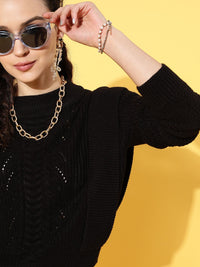 SASSAFRAS Women Black Solid Pullover Knitted Sweater