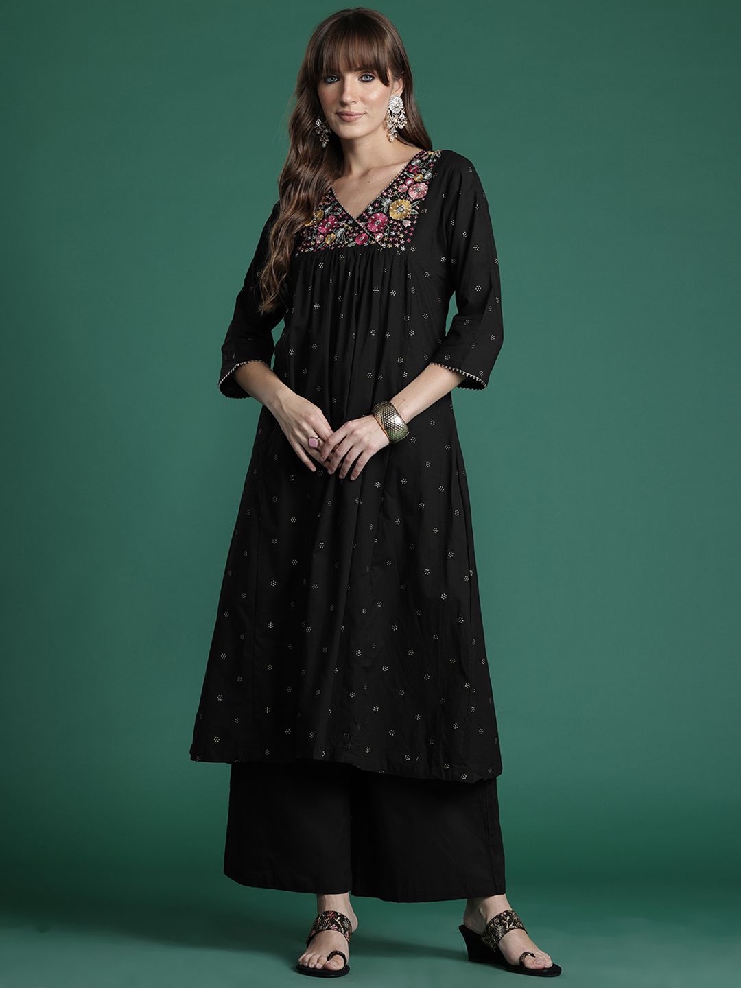 Indo Era Floral Embroidered Empire Thread Work Pure Cotton Kurta with Palazzos