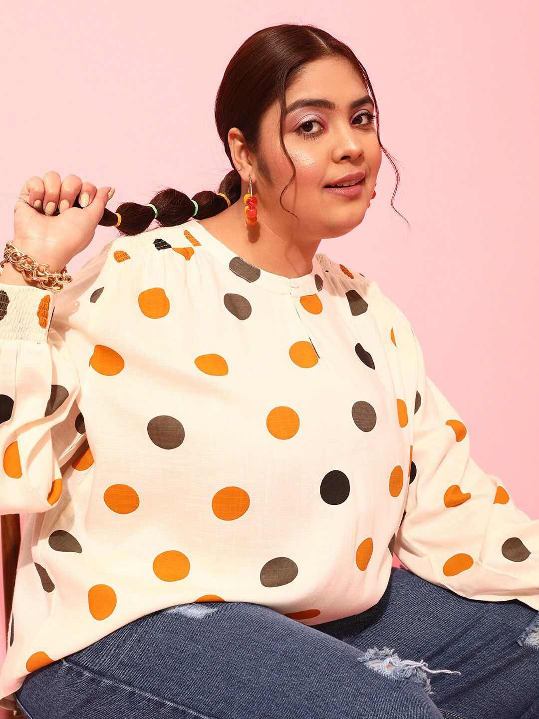 CURVY STREET Polka Dots Polka Dot Printed Smocked Shirt Style Top