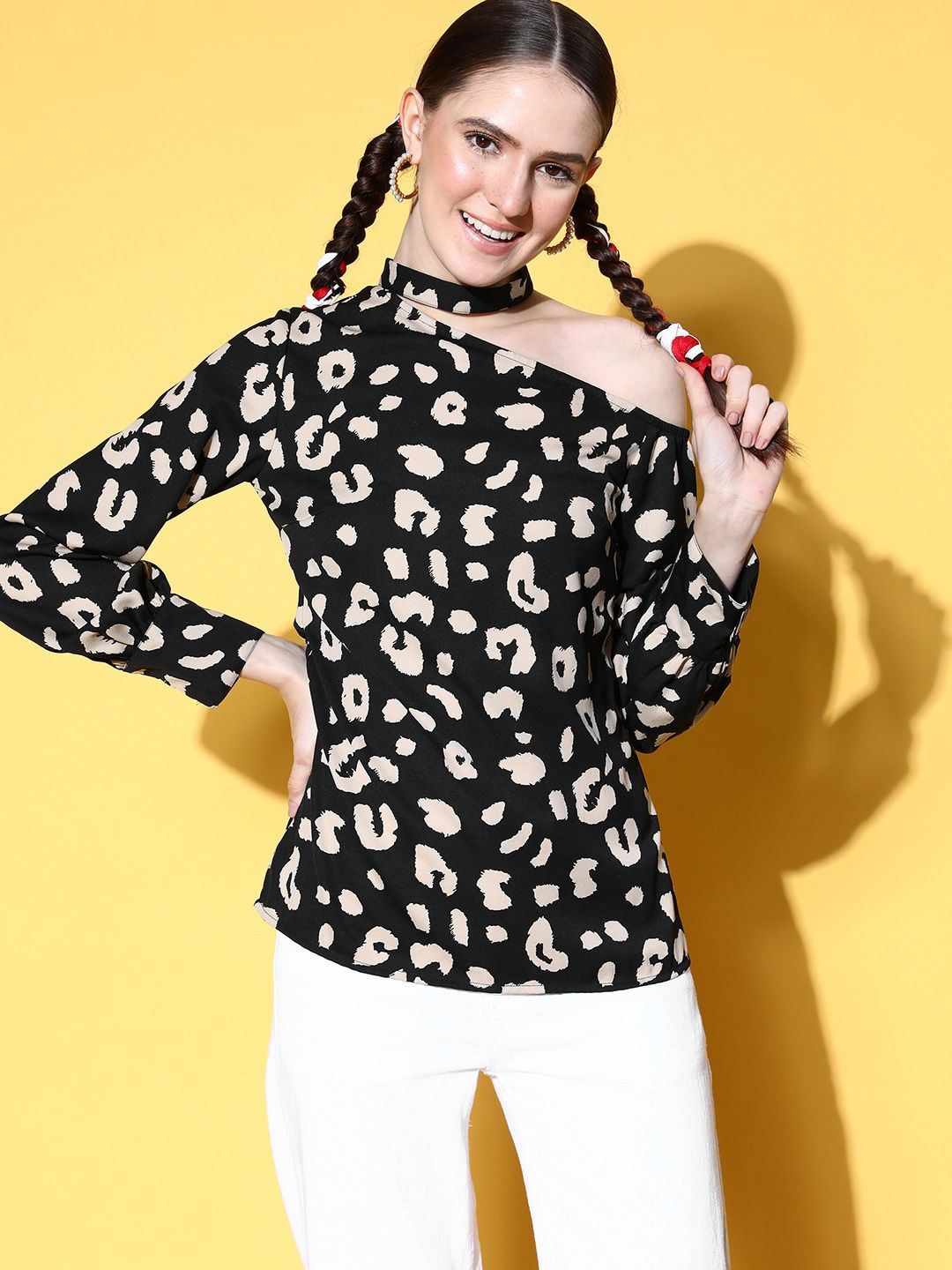 Berrylush Deep Black Animal Printed New Neckline Top