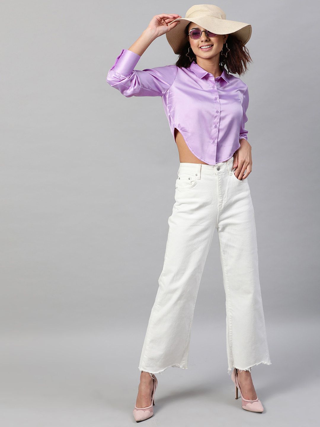 STREET 9 Women Lavender Shirt Style Crop Top