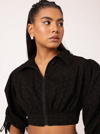 DressBerry Edgy Chic With Schiffli Puff Sleeve Shirt Style Crop Top