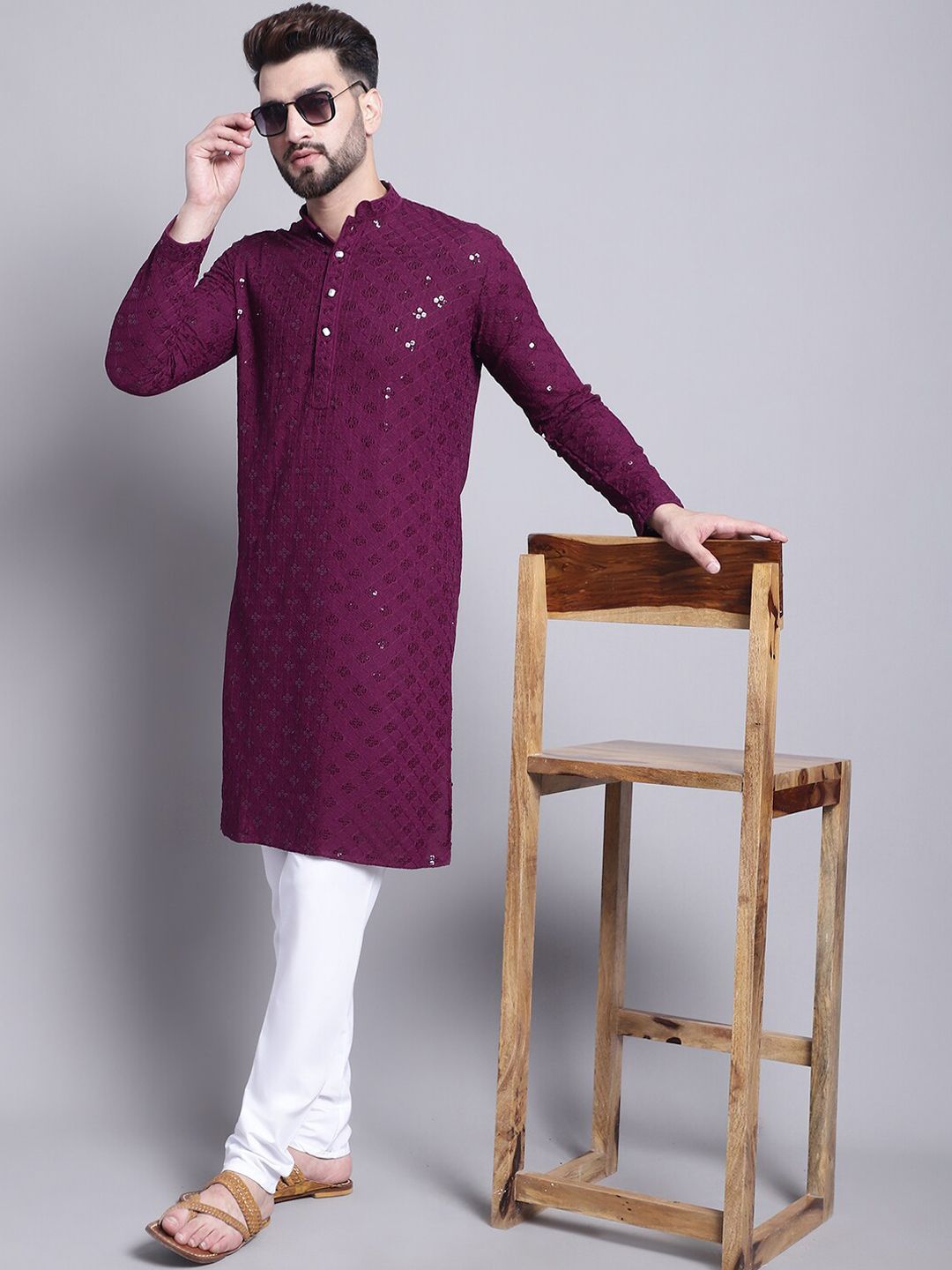 SOJANYA Geometric Embroidered Sequence Mandarin Collar Pure Cotton Kurta