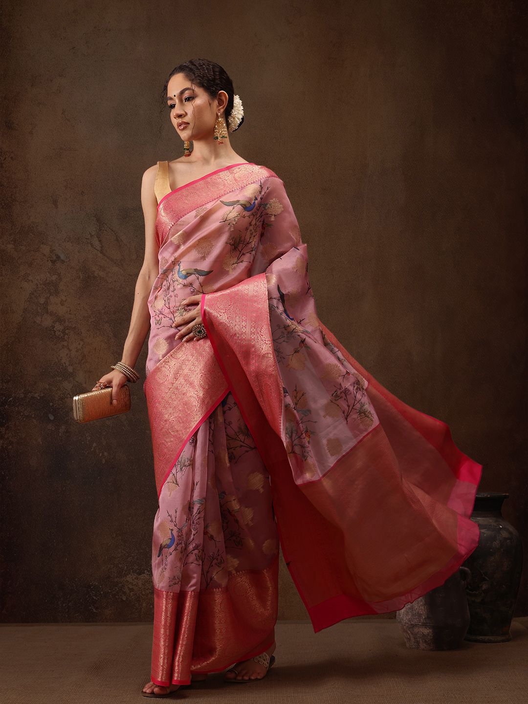 Silk Land Woven Floral Art Silk Chanderi Digital Print Saree