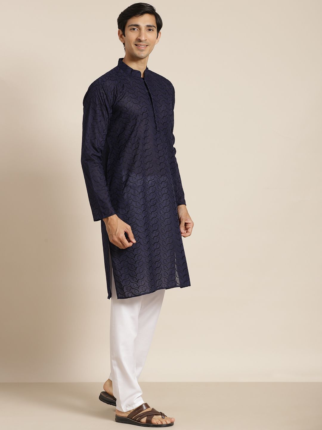 SOJANYA Lelaki Navy Blue Chikankari Pure Cotton Kurta with Churidar & Nehru Jacket