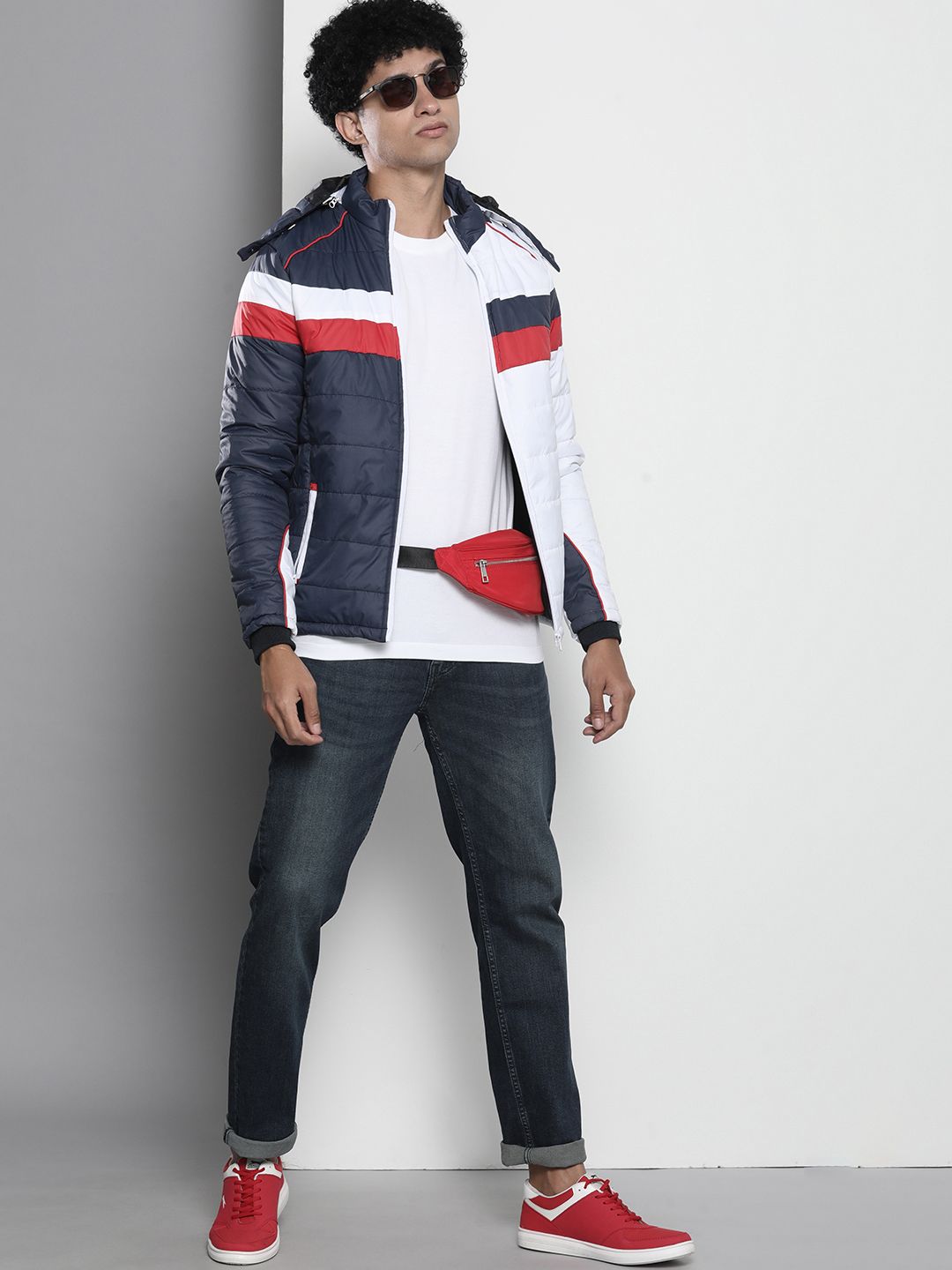 The Indian Garage Co Men Colourblock Puffer Jacket with Detachable Hood
