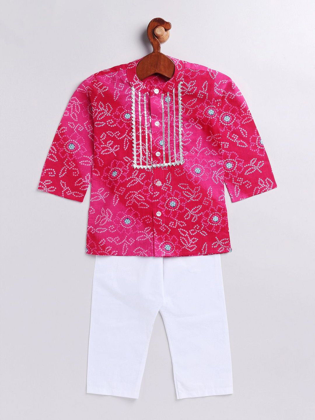 VASTRAMAY Boys Bandhani Printed Band Collar Pure Cotton Straight Kurta With Pyjamas
