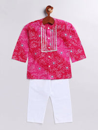 VASTRAMAY Boys Bandhani Printed Band Collar Pure Cotton Straight Kurta With Pyjamas