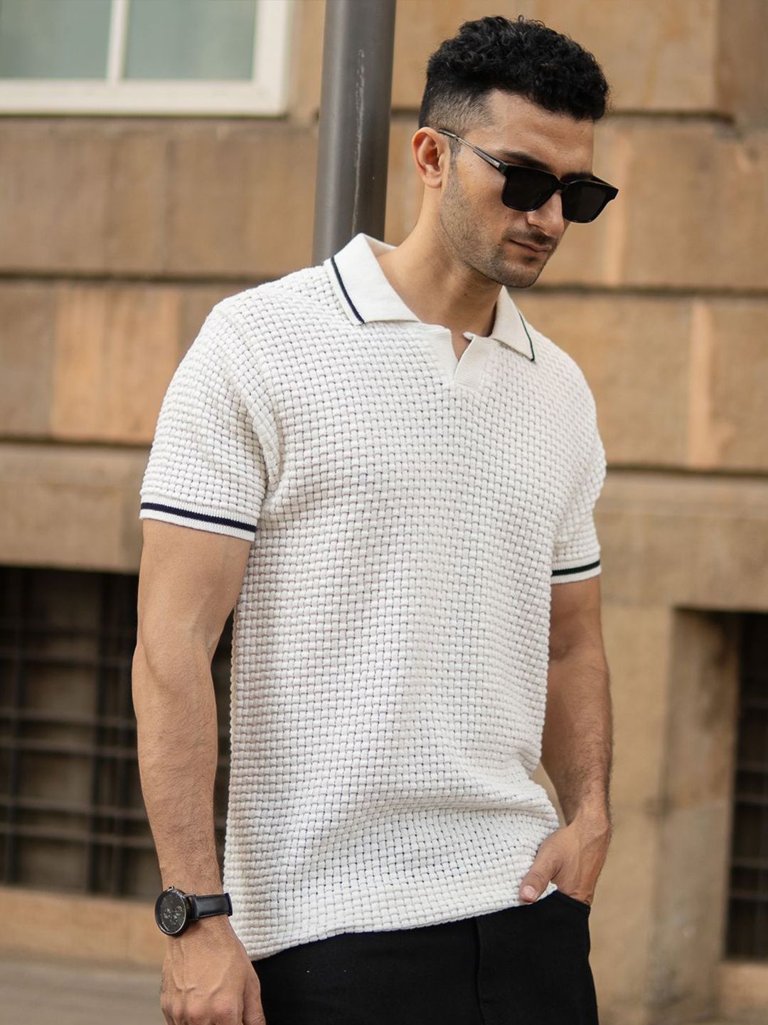 Powerlook Men Self Design Polo Collar Cotton T-shirt