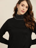 all about you Women Black Solid Turtle Embellished Neck Pullover