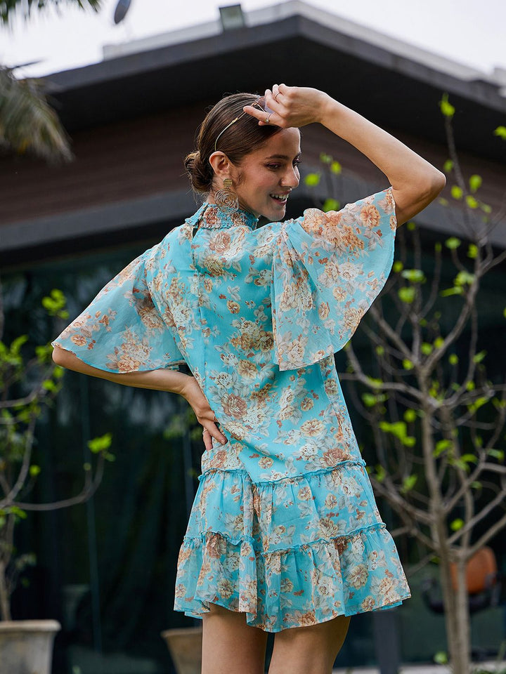 SASSAFRAS Floral Print Flared Sleeve Georgette A-Line Dress
