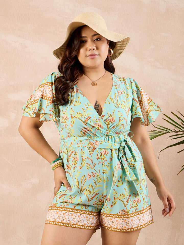 Berrylush Curve Plus Size V-Neck Printed Playsuit