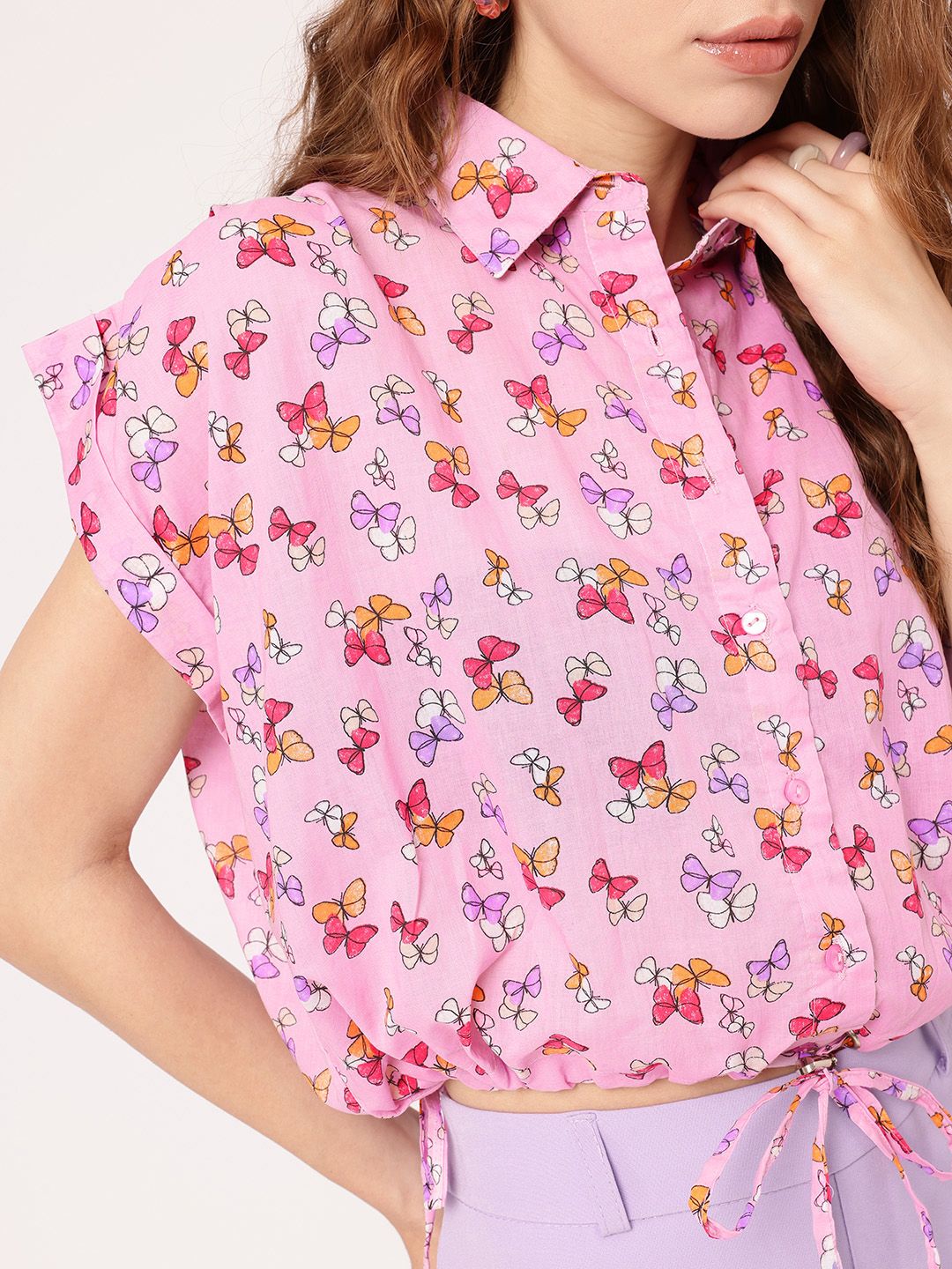 DressBerry Whimsy Fly Printed Shirt Style Crop Top