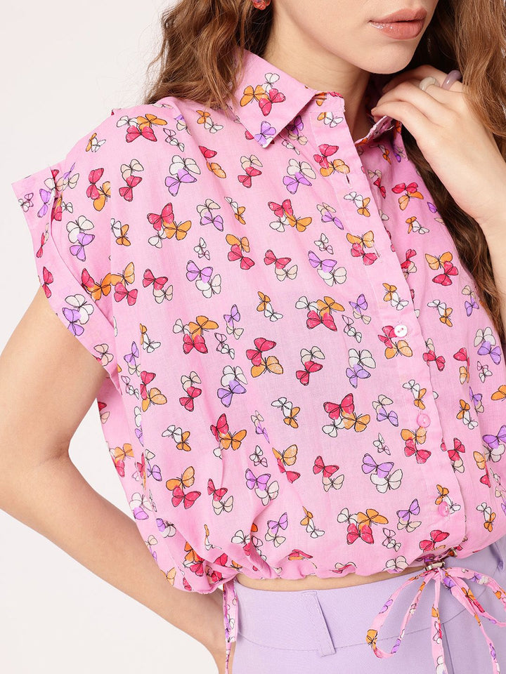 DressBerry Whimsy Fly Printed Shirt Style Crop Top